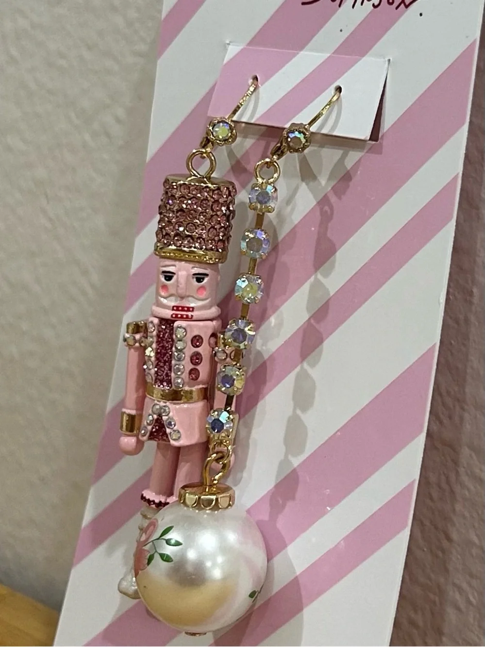 Betsey Johnson Pink Nutcracker Pearl Mismatched Christmas Earrings Bling